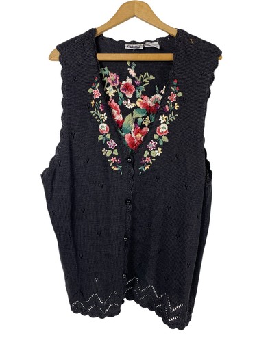 Embroidered Floral Vest Vintage Crochet Button Black Cottagecore Grandmacore 1X - Picture 2 of 15