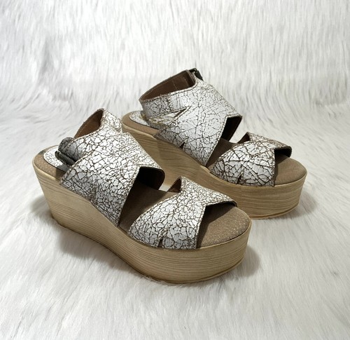 Sbicca Vintage Platform Wedge Sandals Women 7 White Crackle Leather Boho Western - Picture 2 of 11
