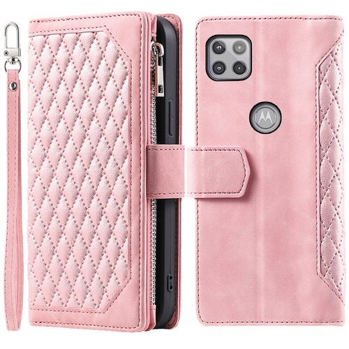 Rhombic Leather Wallet Case Zipper Flip Card Phone Case For Motorola One 5G Ace - Picture 33 of 44