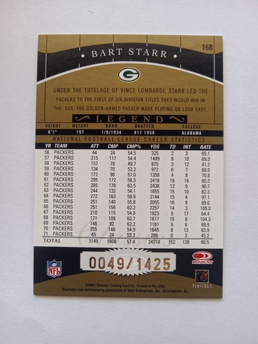 2001 Donruss Classics Bart Starr #d/1425 Packers Legend spedizione gratuita!! - Foto 2 di 2