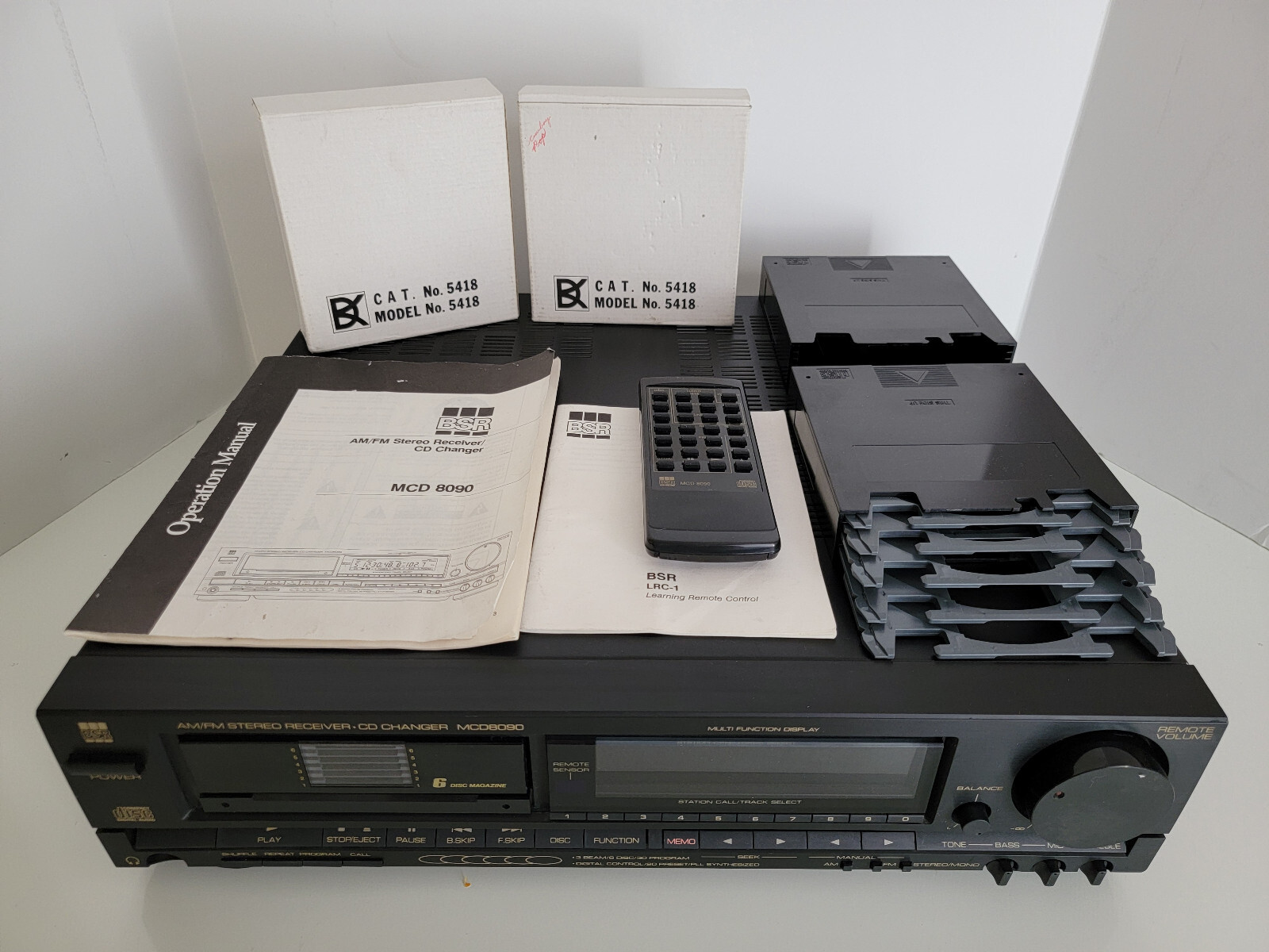 6 CD CHANGER W/REMOTE, BSR MCD-8090 AM/FM RECEIVER, 2 MAGAZINES, MANUAL