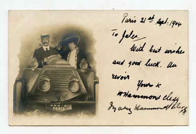 Photo Card . Souvenir de PARIS . Photomontage couple in a Tacot 