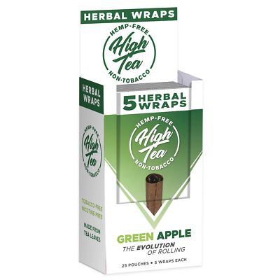 High Tea Wraps GREEN APPLE Flavor 125 Wraps Total (Full Box, 25 Pouches)