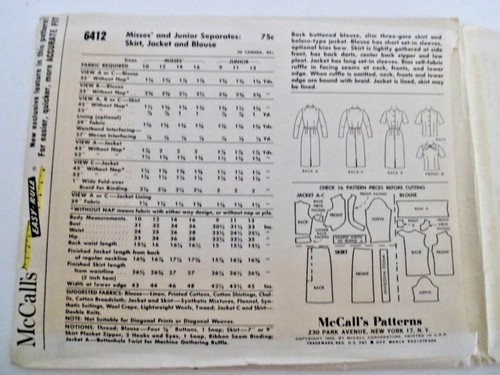 McCalls 1962 talla 12 Falda Chaqueta Blusa Misses Juniors #6412 EE. UU. - Imagen 3 de 4