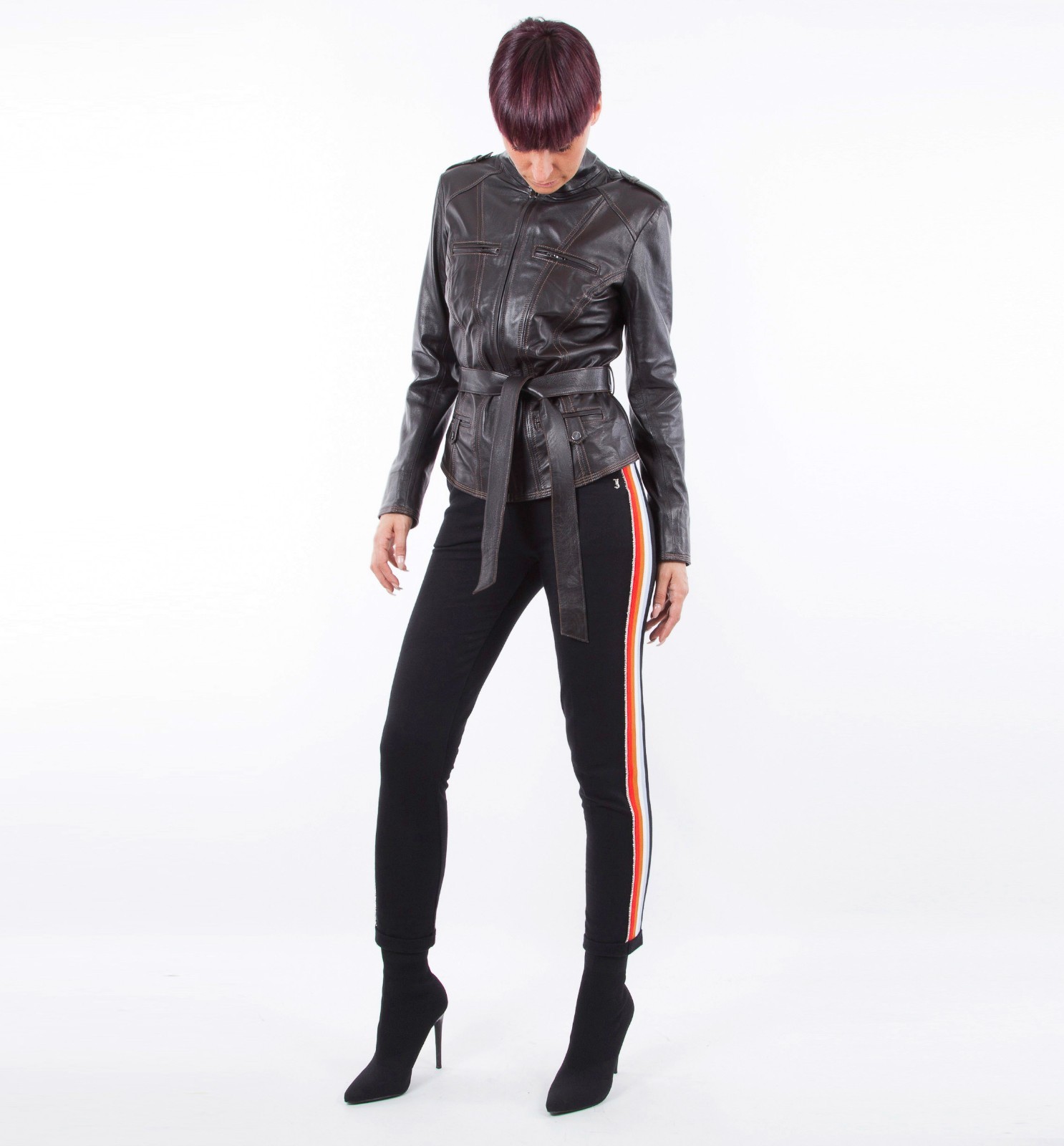 ITALIAN HANDMADE WOMEN GENUINE LAMBSKIN LEATHER BELTED JACKET DARK BROWN image 6