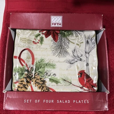 222 Fifth Holiday Wishes Salad Plates Cardinal Set Of 4 Christmas NEW!
