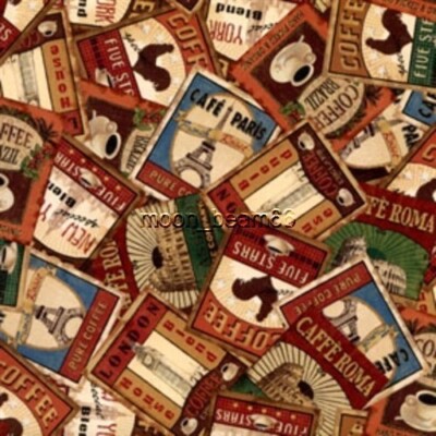 Coffee Break Coffee Labels Packed Brown Cotton Fabric South Sea Imports BTY