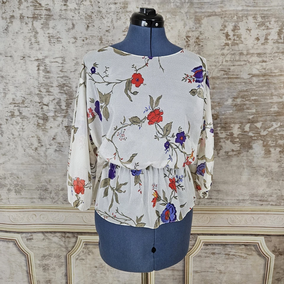 Винтажный 1970-х чистый блузка слоновой кости цветочный верхний пеплум 3/4 рукава фиолетовый красный офис - Изображение 3 из 4