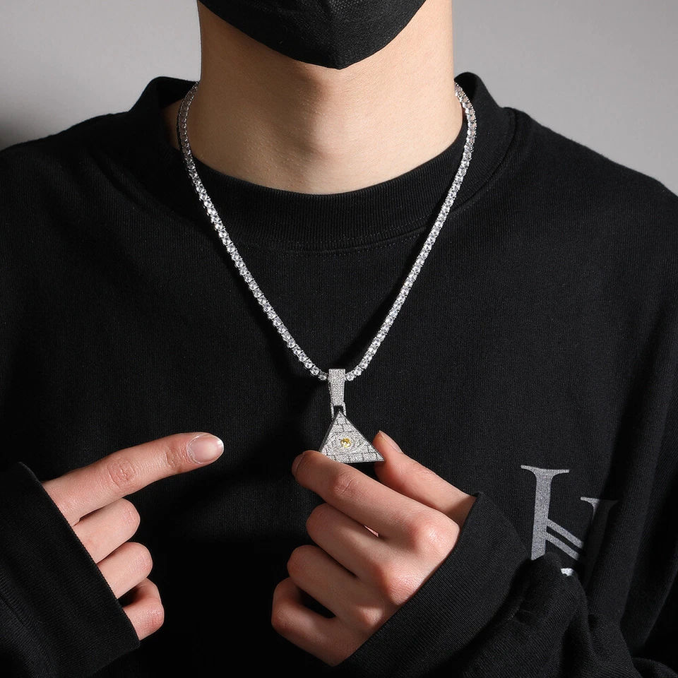 Pingente de colar masculino hip hop moda olho triangular gelado CZ (NÃO strass) - Imagem 3 de 4