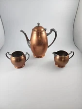 Antique Pilgrim Ware Copper PewterTeaPot Coffee Sugar Creamer Two Rivers Wis