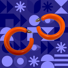 Vintage 1980's Neon Orange Pierced Acrylic Hoop Earrings New Wave Avant Garde