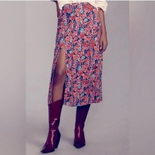 Maeve Anthropologie Lille Side Slit Midi Skirt Navy Pink Floral Size 14 New NWT