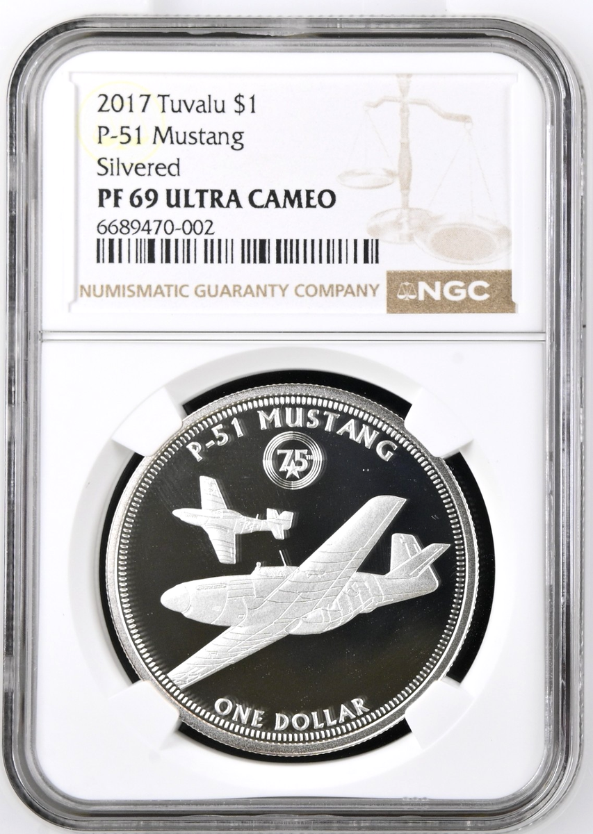 2017 Tuvalu $1 Dollar Elizabeth II WWII Fighter Silver P-51