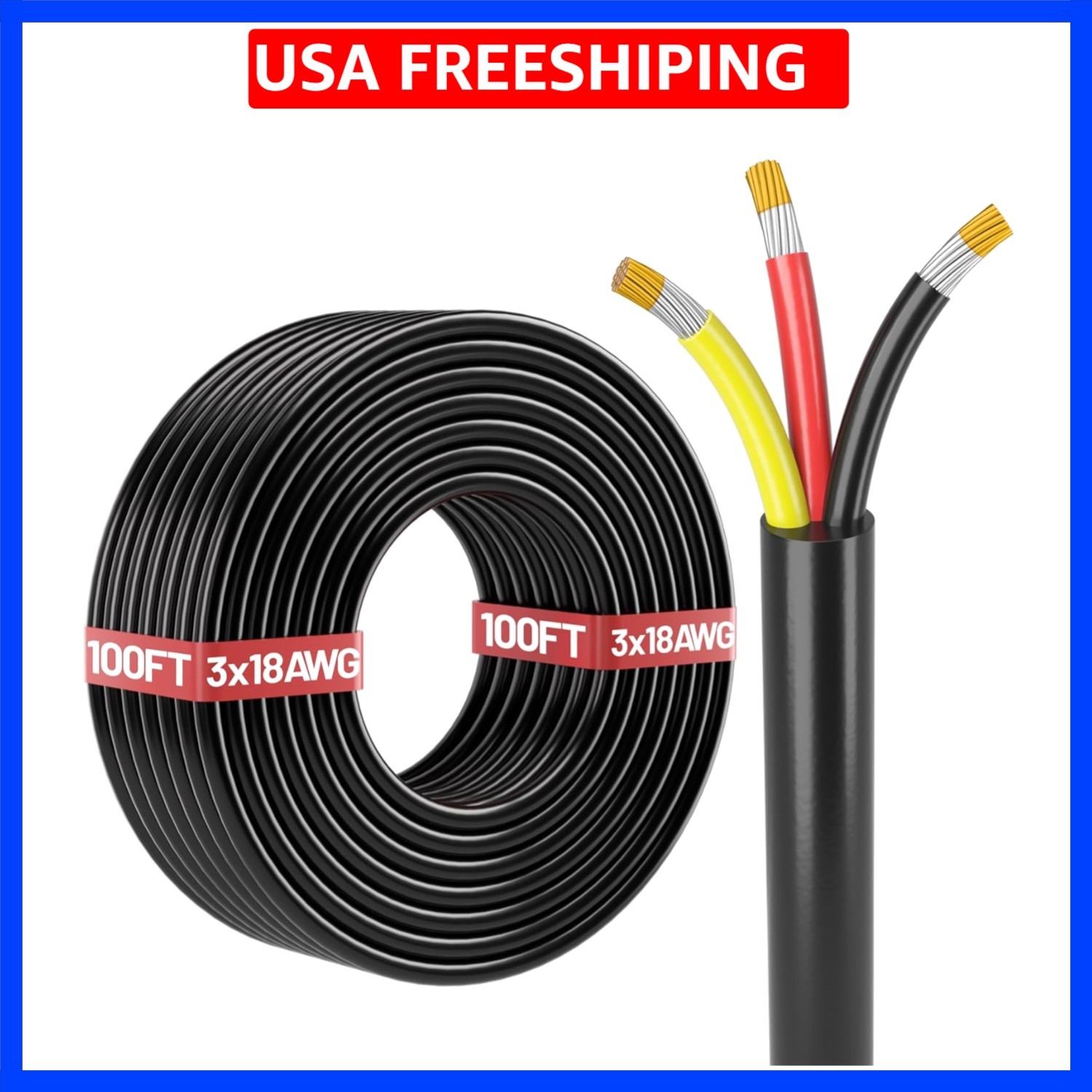 100FT 18 Gauge Wire,Automotive Wire,3 Conductor Electrical Stranded PVC Cord,...