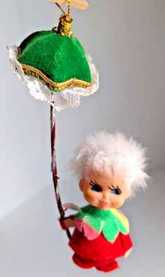 Vtg Christmas Felt Pixie Ornament Doll with Umbrella Japan 5.5 in