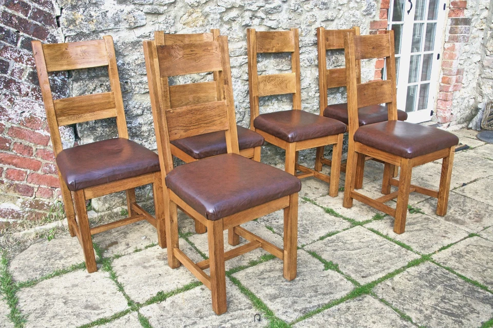 6 Excellent Rustic French Solid Oak Ladder Back Leather Seat Farmhouse Chairs - Image 2 of 4