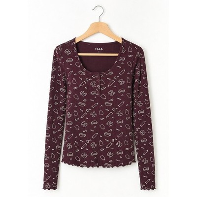 Tala Sleepwear Henley Women Small Port Burgundy Ribbed Lettuce Hem Pajama Top