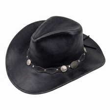 Black Genuine Leather Cowboy Hat Western Wide Brim Biker Ranch Men Women USA