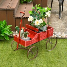 Patiojoy Garden Plant Planter Wooden Wagon Planter W/ Wheel Garden Yard Red