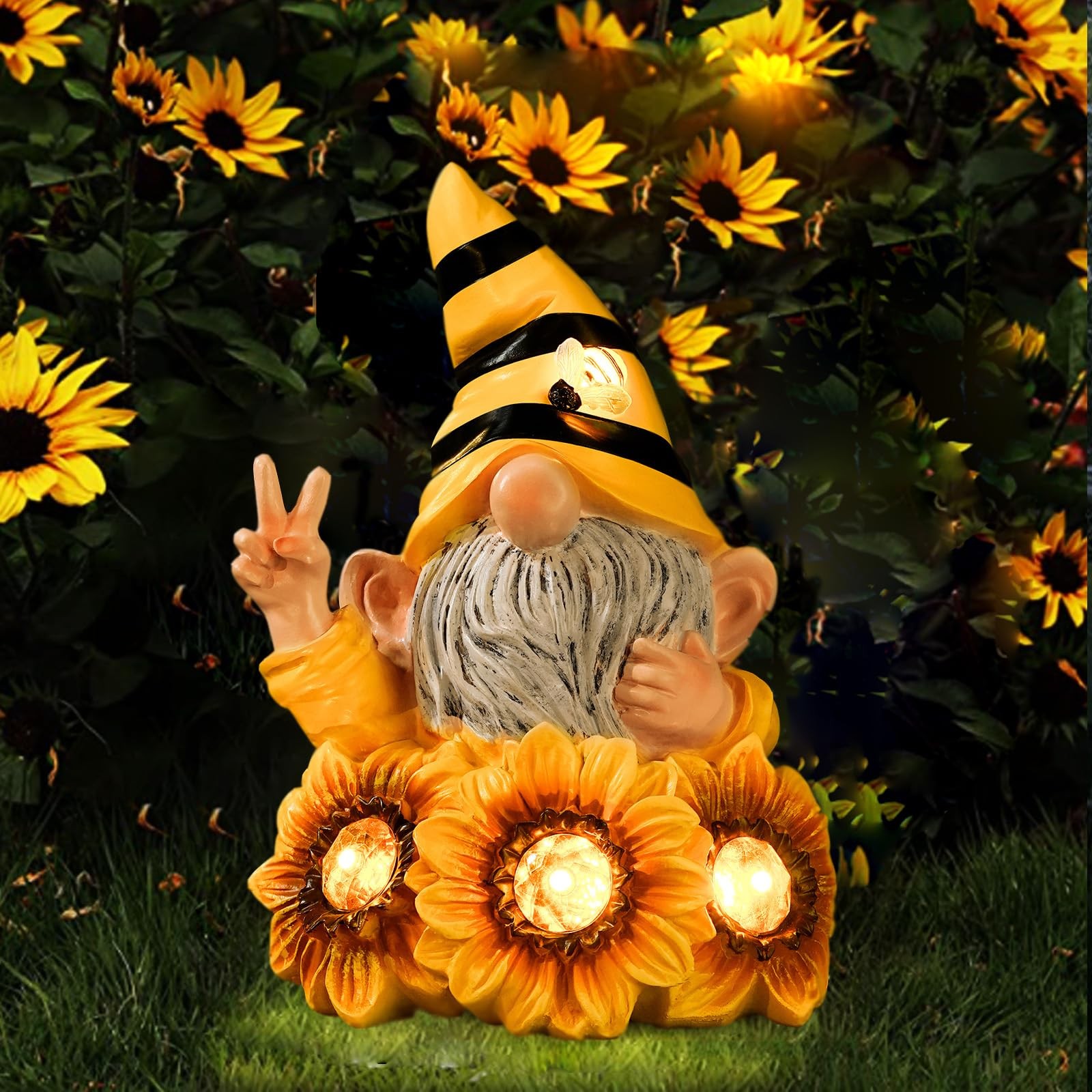 Funny Outdoor Resin Bee Gnome with Sunflower Garden Statue