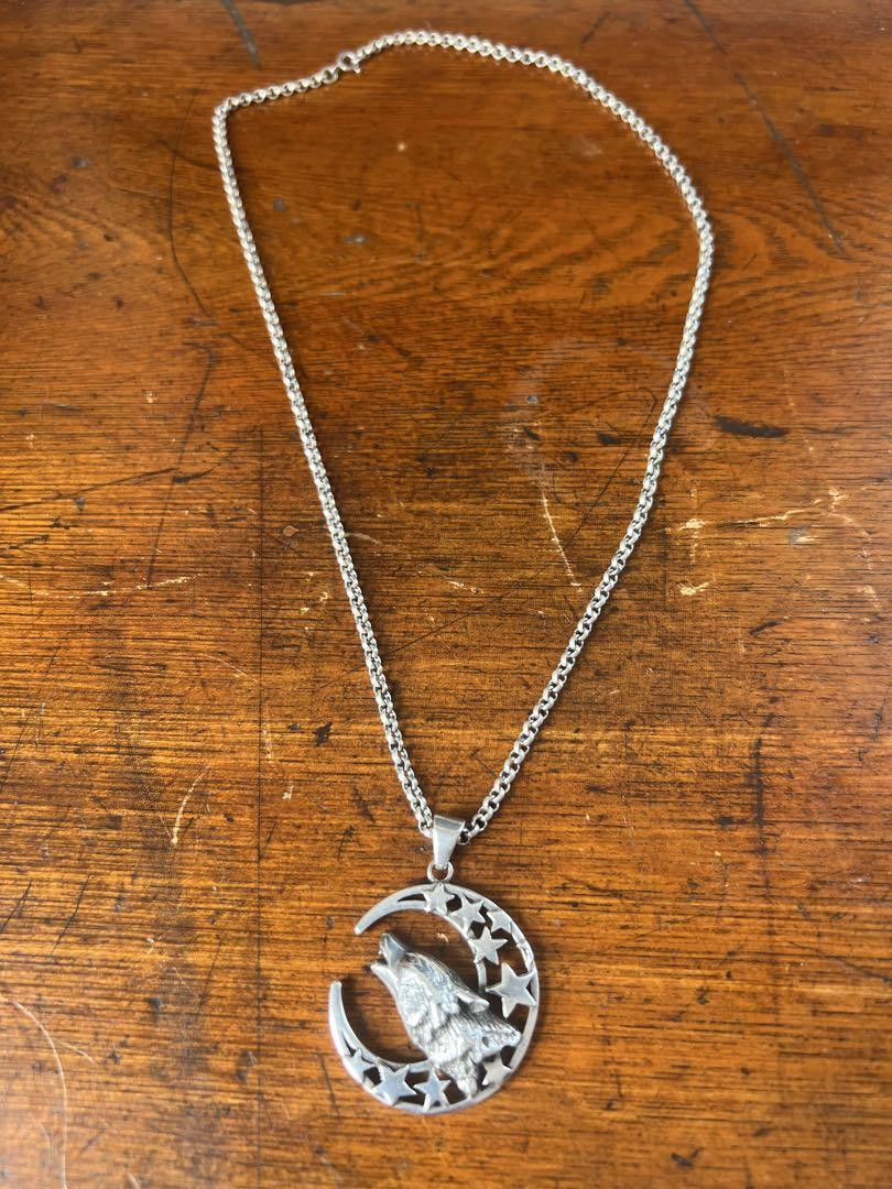 925 Silver Vintage Star Moon Wolf Coin Pendant Necklace 50cm