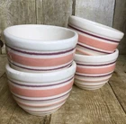 4 Vintage Hull Pottery Beehive Custard Cups Pink Maroon Stripes Yellow Ware Bowl