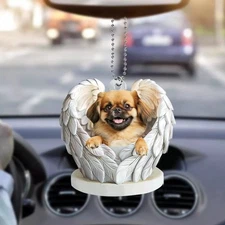 Pekingese Dog Peeking Angel Wings Car Ornament  Pekingese Dog Christmas Ornament