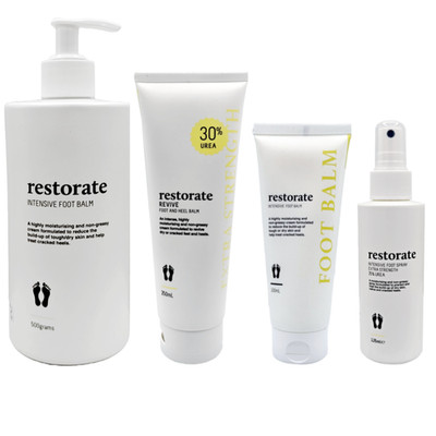 Restorate Full Range - Intensiver nicht fettender Fersenbalsam mit rissigen Fersen & Sprays mit Urea
