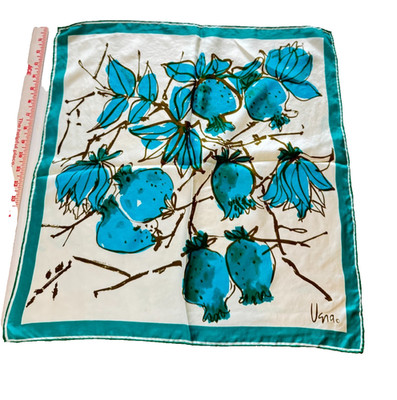 Vintage Vera Neumann 70s Silk Scarf Blue Green Floral Square Handrolled Japan