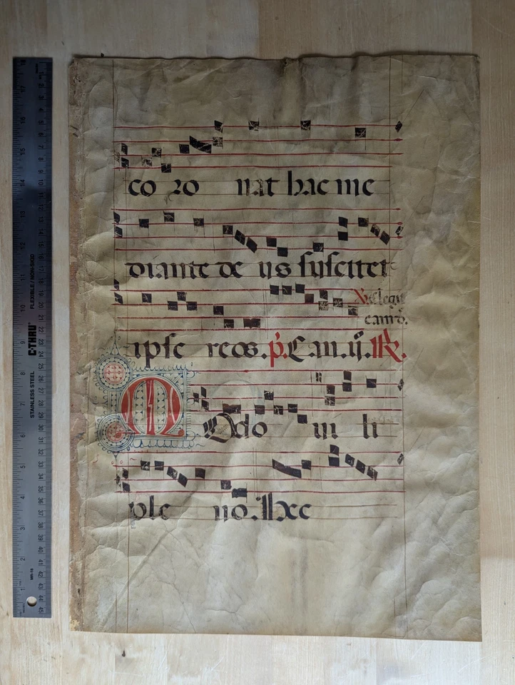Authentic Antiphonary Vellum Manuscript, est. 15th Century, 2-sided  18x13 in.  - Image 2 of 4