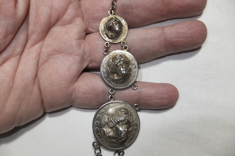 VINTAGE ANTIQUE SILVER REPOUSEE US FANTASY 3 COIN POCKETWATCH FOB