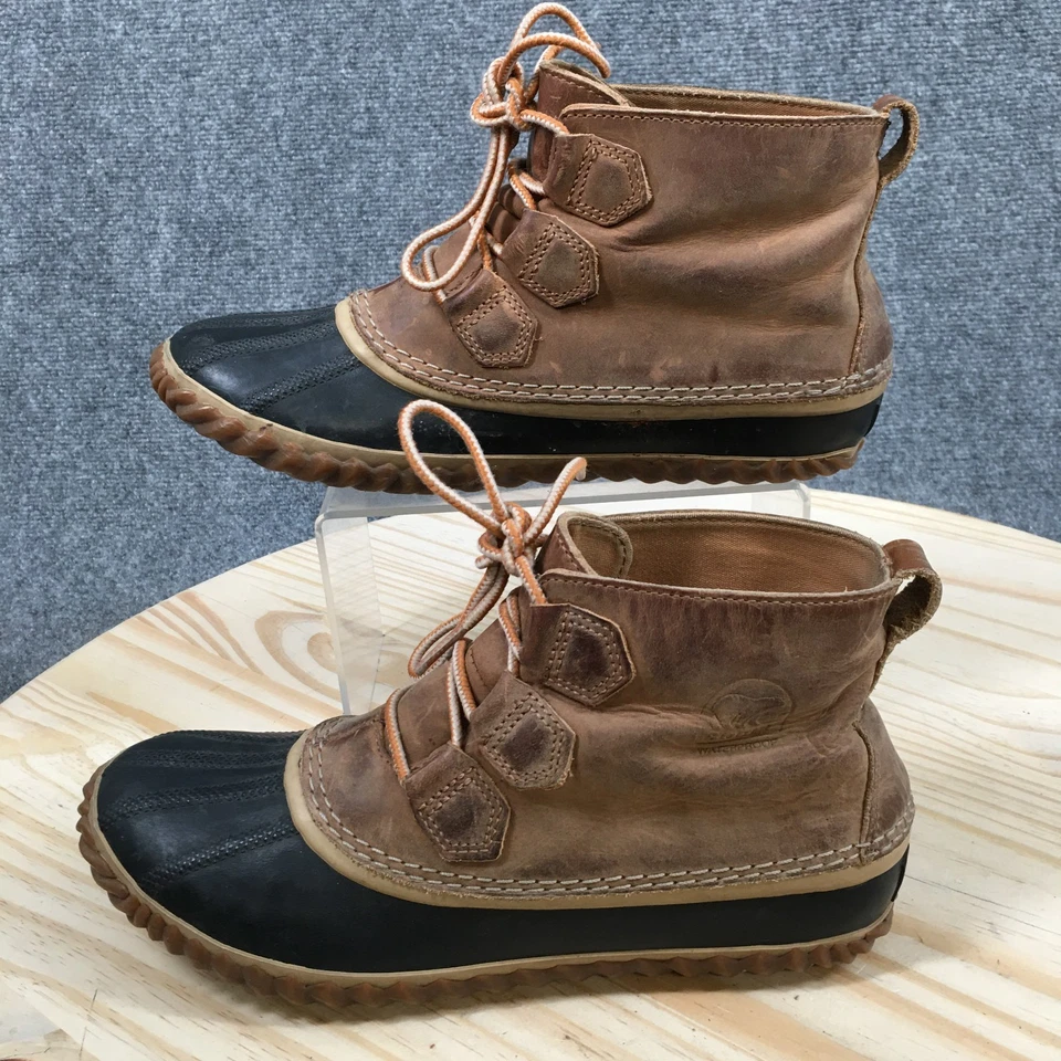 Sorel Botas Mujer 9 Out N About Impermeable Con Cordones Pato Botín Cuero Marrón Foto 2 de 4