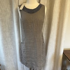 NWT LINA TOMEI Linen Shift Dress Beaded Detail L Italian Grey Minimalist Luxury