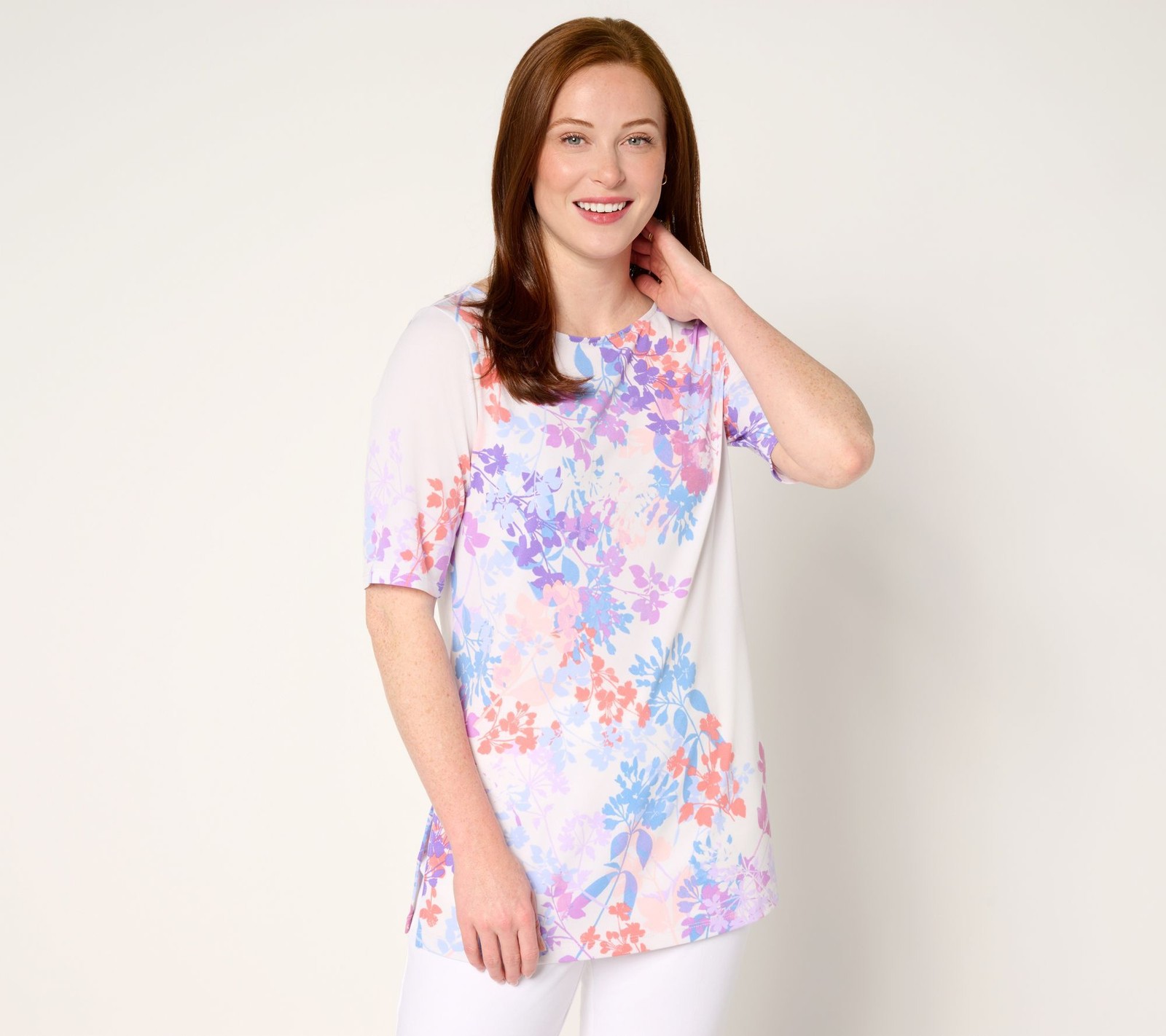 Susan Graver Women's Top Plus Sz 1X Printed Liquid Knit Multi-colored A638780
