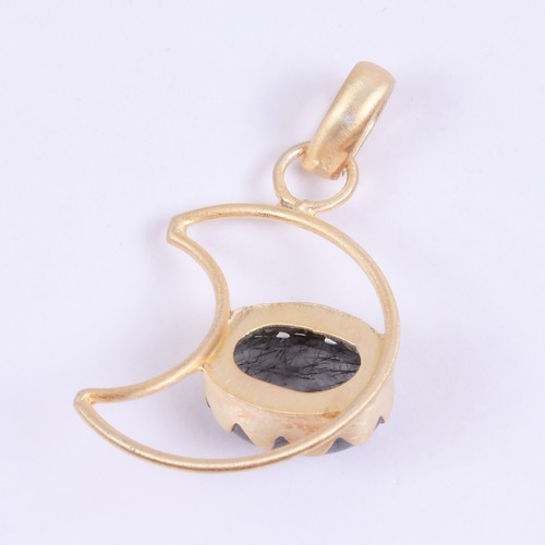 Crescent Natural Black Rutilated Quartz Oval Shape Pendant With 18K Gold Plated - Picture 4 of 7