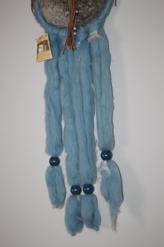 VTG Small Man-del-la Dream Catcher Handmade BLUE Wool & Hide 29”x9.5” Nice! - Picture 3 of 7