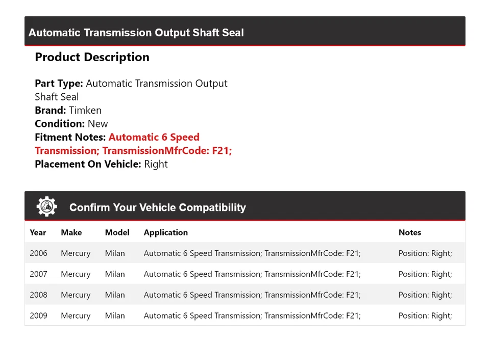 For 2006-2009 Mercury Milan Auto Trans Output Shaft Seal Right Timken 2007 2008 - Image 2 of 4