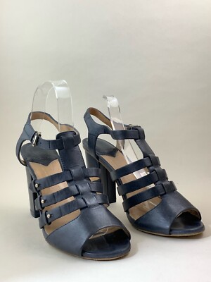Massimo Dutti Blue All Leather T-bar Strappy Open Shoes Block Heel UK  UK