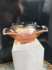Vtg Jeannette Marigold Anniversary Carnival Glass 3 Footed Dish Bowl 6.5" 268