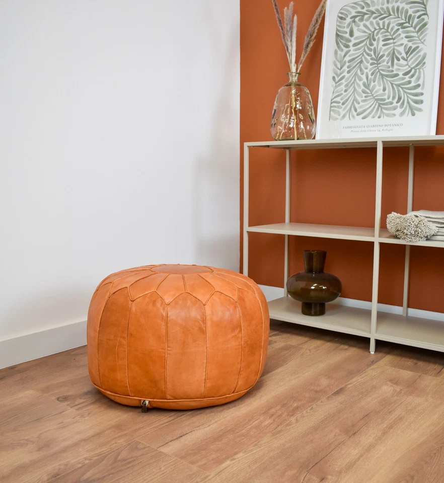 Scandinavian Leather Pouffe XL Sand Brown- Delivered Stuffed, Ottoman, Footstool - Image 4 of 4