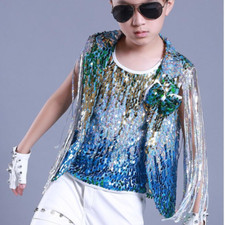 Tassel Boys Waistcoat Vest Tank Tops Blazer Costume Dancewear Glitter Kids