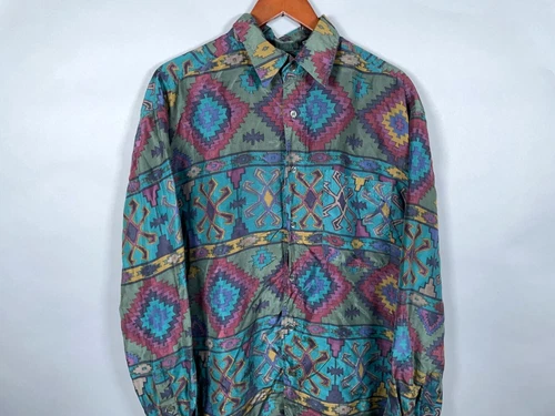 VTG Silk Aztec Motif Shirt Adult Large Blue Purple Geometric Tribal Navajo