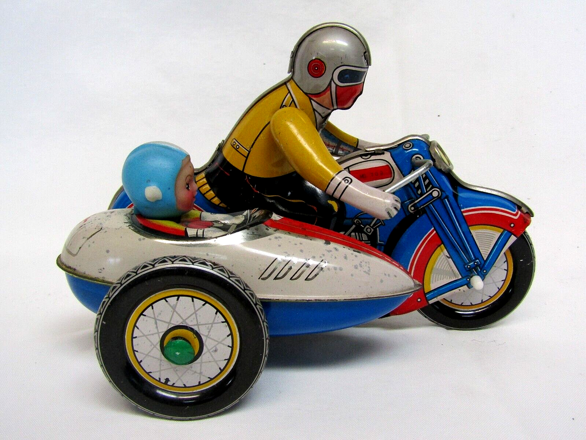Vintage MS709 China Wind Up Tin Toy Motorcycle with Sidecar WORKS
