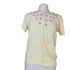 VTG 70s Sweater Short Sleeve Lilly of California Floral Grannycore Sz Small