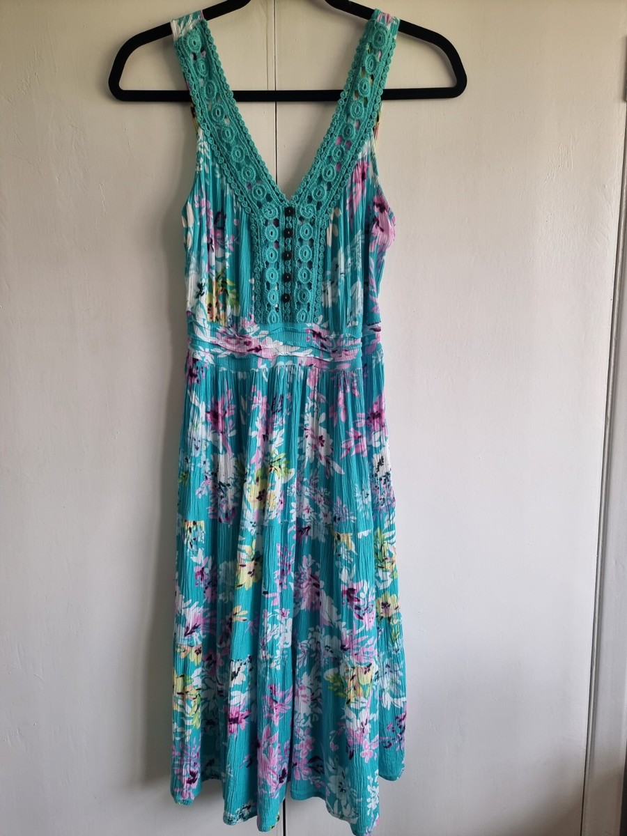 Cotton Traders Dress Printed Tiered Crinkle Short Dress Blue