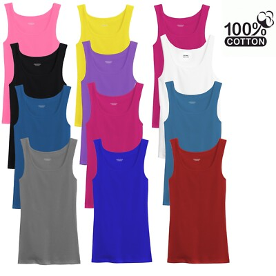 #ad #ad 3 12Pack Mixed Colors Women 100% Cotton Basic Ribbed Tank Top Sleeveless Shirts $12.99