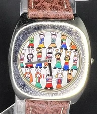 Save The Children Collection 34mm Silver Case  Art Dial Textured Leather Strap