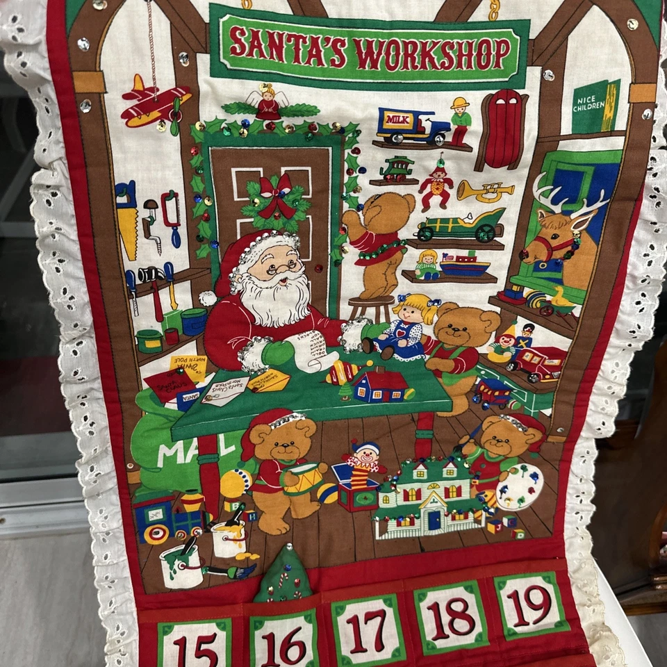 Vintage Beary Merry Christmas Santa's Workshop Fabric Advent Calendar Hanging 3D - Image 2 of 4