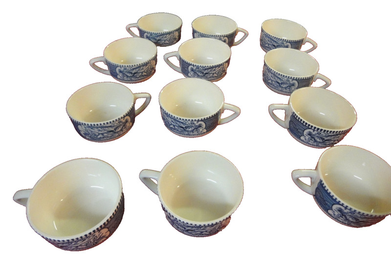 12 lot Currier & Ives Blue Royal China Coffee Tea Mug cup woman horse carriage