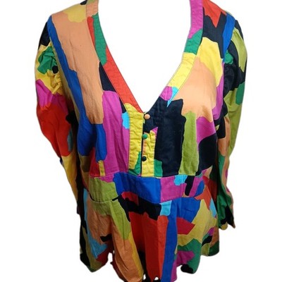 NY&Co Abstract Colorblock Cotton V Neck Peplum Long Sleeve Shirt Top  Neon XL  